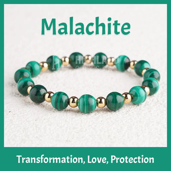 Malachite and Copper Crystal Stretch Bracelet Round Semi-Precious Bracelet Healing Crystal Energy Souvenir Bracelet-Protection Confidence Love